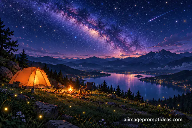 Anime glowing tent and campfire on a mountain ridge under the Milky Way above a lake, AI generated