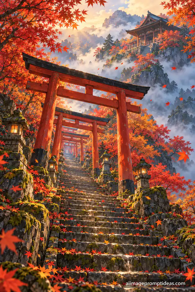 Anime scenery of stone stairs through red torii gates to a mountain temple with autumn maples, AI generated