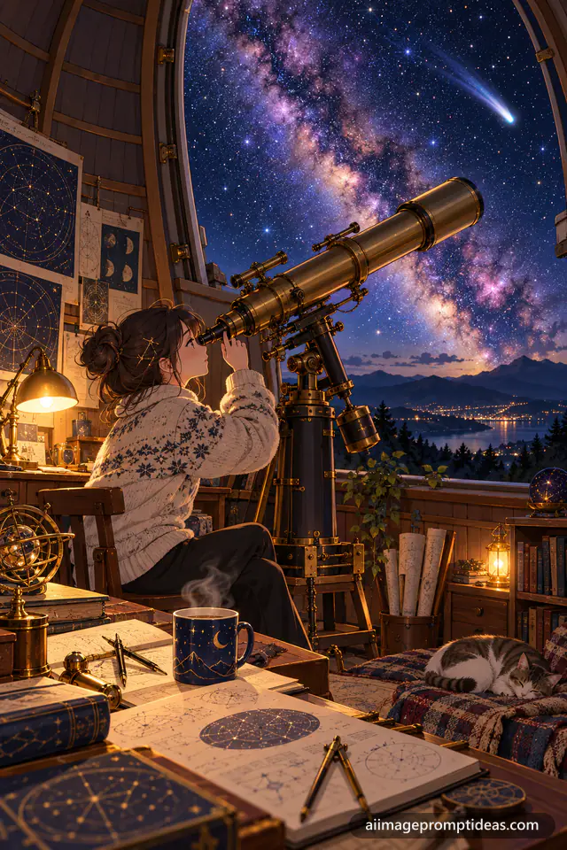 Anime astronomer with a brass telescope in an open-dome observatory, AI generated