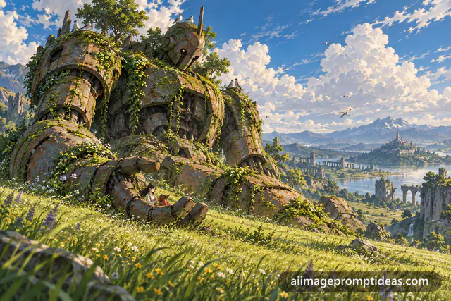 Anime giant robot overgrown with moss and flowers in a meadow, AI generated