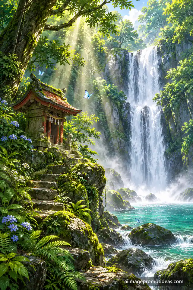 Anime moss-covered shrine beside a tall waterfall in a lush rainforest with sunbeams, AI generated