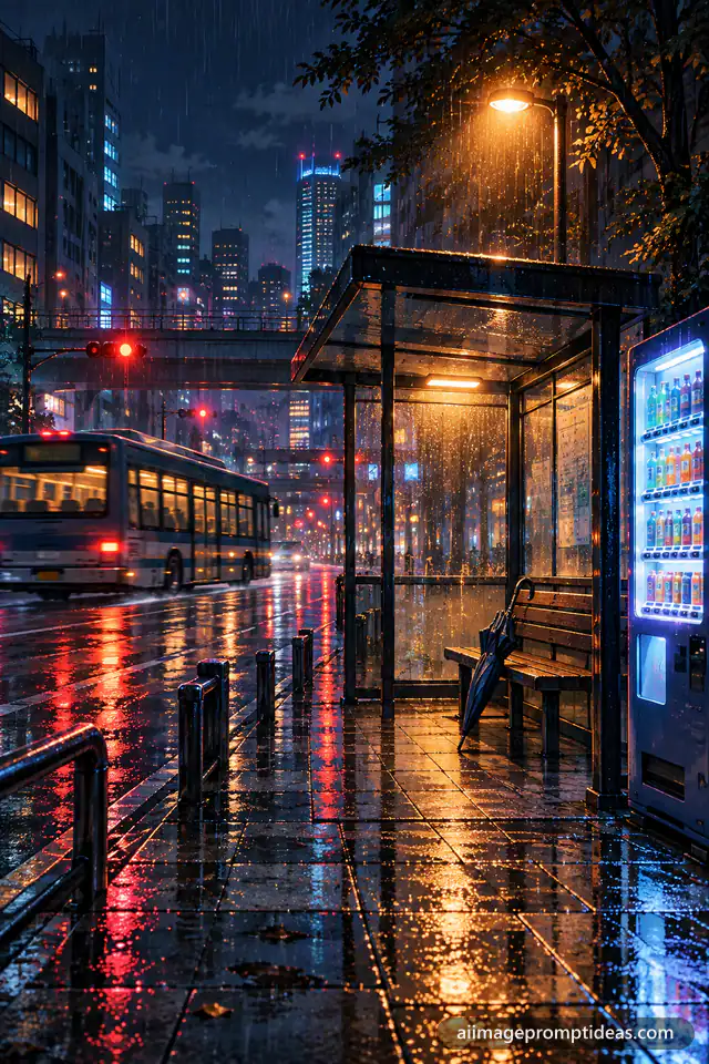 Anime scenery of an empty bus stop glowing on a rainy night with a vending machine and passing bus, AI generated