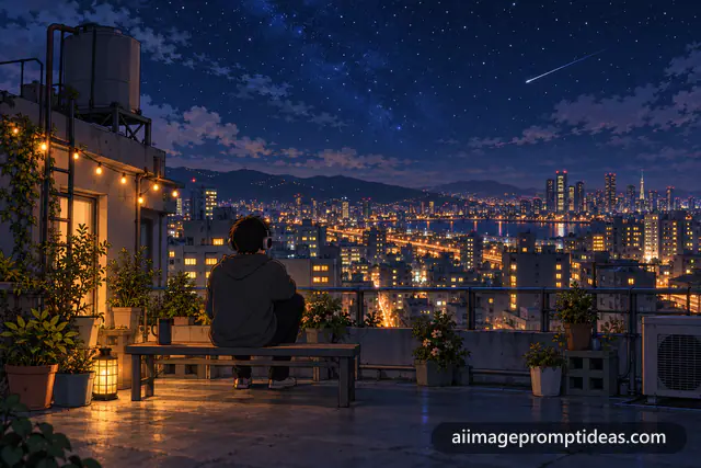 Lo-fi anime rooftop with string lights overlooking a glowing city under a starry sky, AI generated