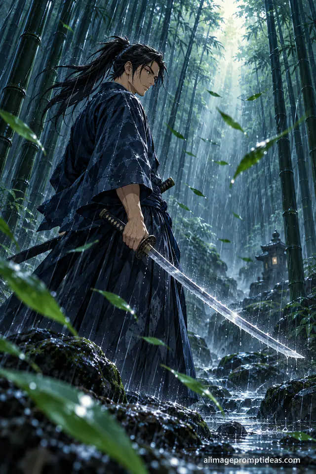 Anime samurai with a katana standing in a rainy bamboo forest with swirling leaves, AI generated