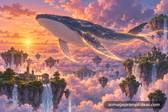 Anime illustration of a giant whale swimming through a sunset sky among floating islands, AI generated
