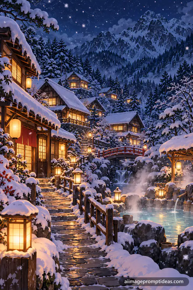Anime snowy mountain village at night with glowing windows, paper lanterns and falling snow, AI generated