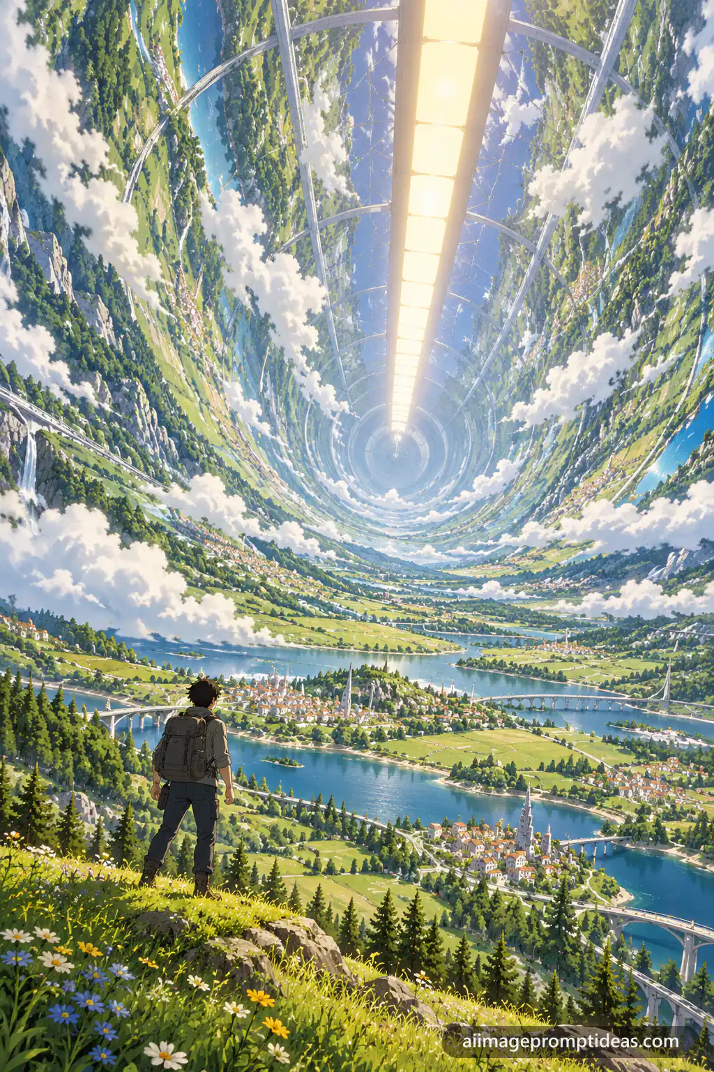 Anime interior of a giant cylinder space colony with fields and towns curving overhead, AI generated