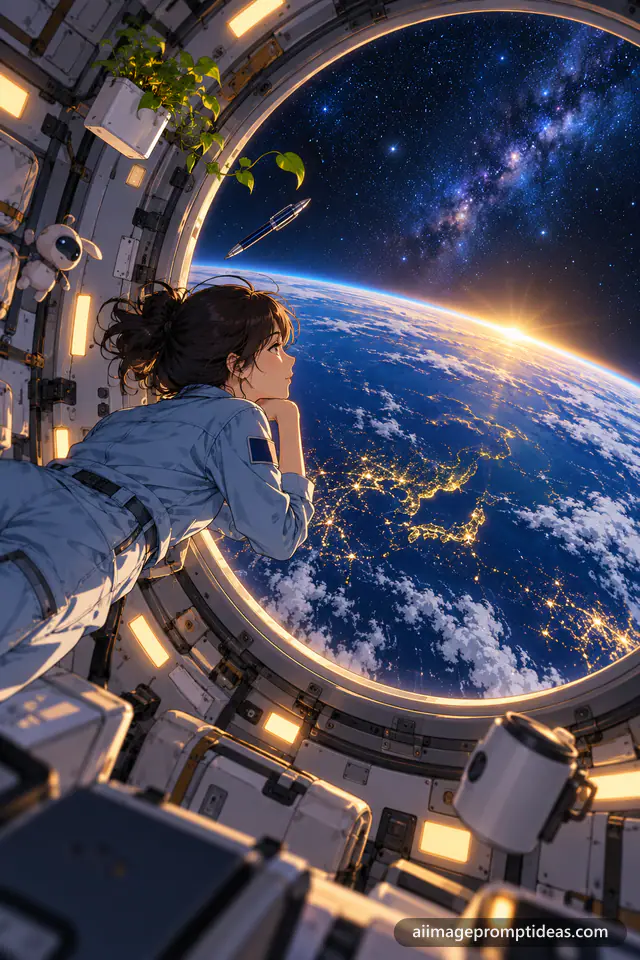 Anime astronaut floating by a round space station window looking at Earth and sunrise, AI generated