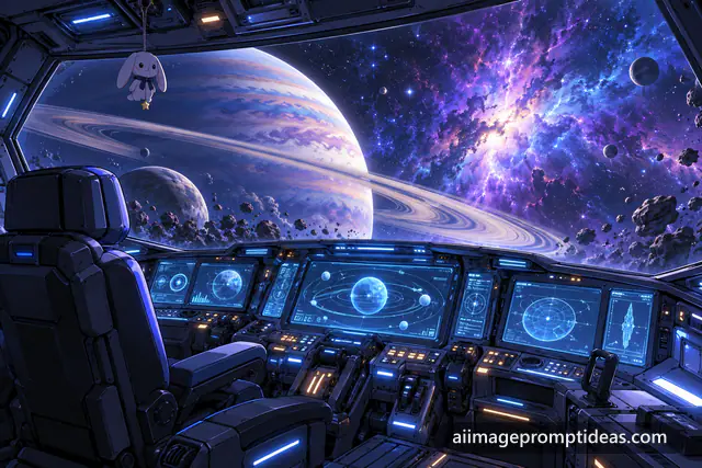 Anime spaceship cockpit with glowing controls looking out at a giant ringed planet and nebula, AI generated