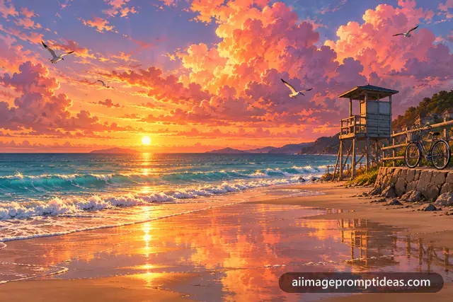 Anime summer beach at sunset with waves, a lifeguard tower and glowing pink clouds, AI generated
