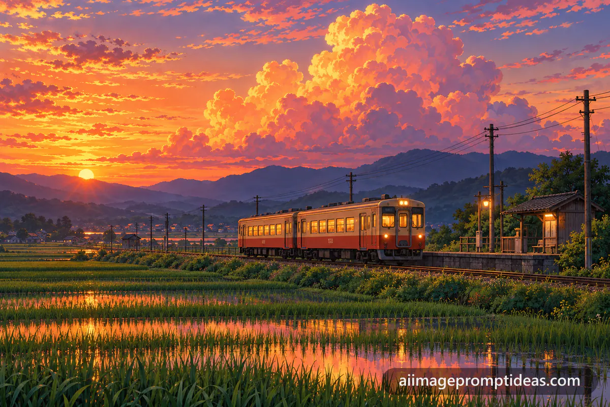 Anime scenery of a small train crossing green rice fields under glowing sunset clouds, AI generated