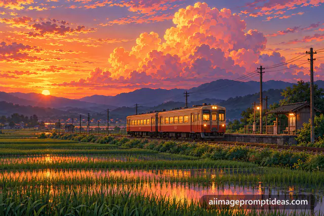 Anime scenery of a small train crossing green rice fields under glowing sunset clouds, AI generated