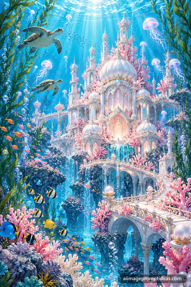 Anime coral palace with pearl domes on the sea floor surrounded by fish and sea turtles, AI generated