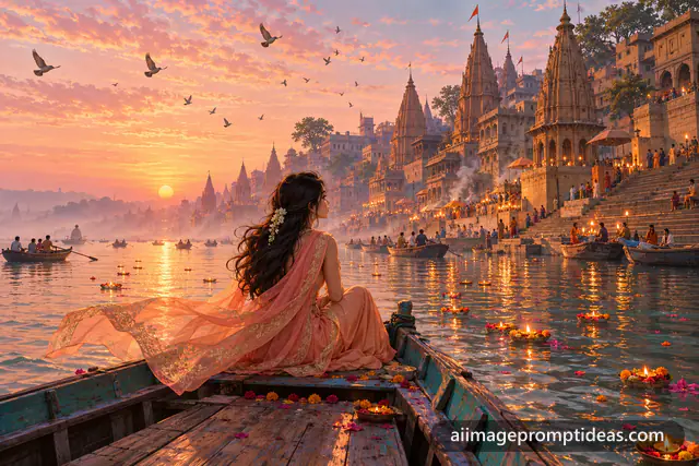 Anime woman in a rowboat on the Ganga at sunrise past Varanasi ghats, AI generated