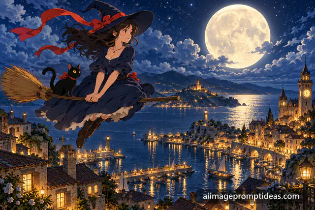 Anime witch with a black cat flying on a broom over a glowing seaside town under a full moon, AI generated
