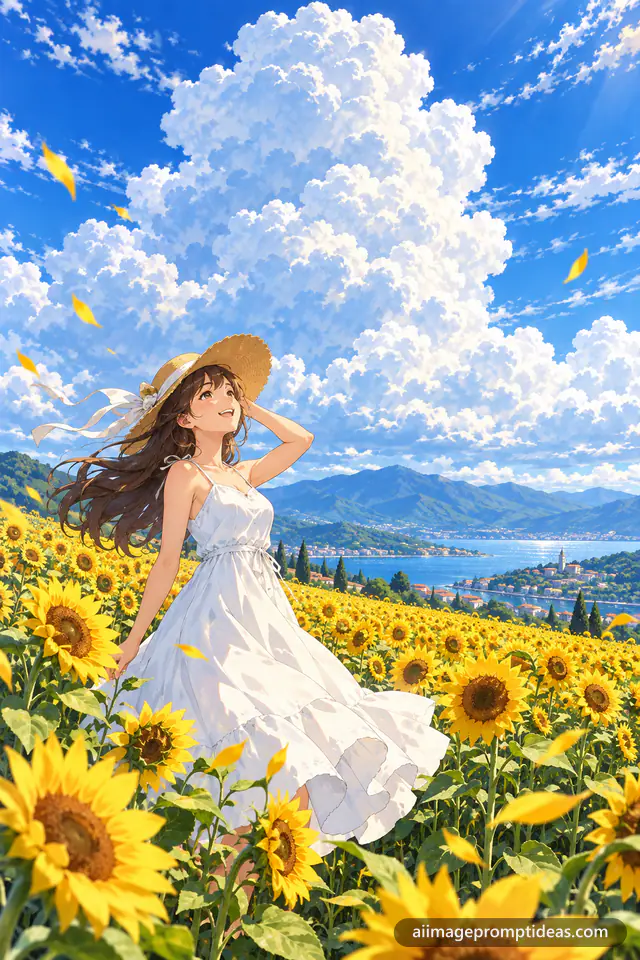 Anime woman in a white sundress and straw hat in a sunflower field under summer clouds, AI generated