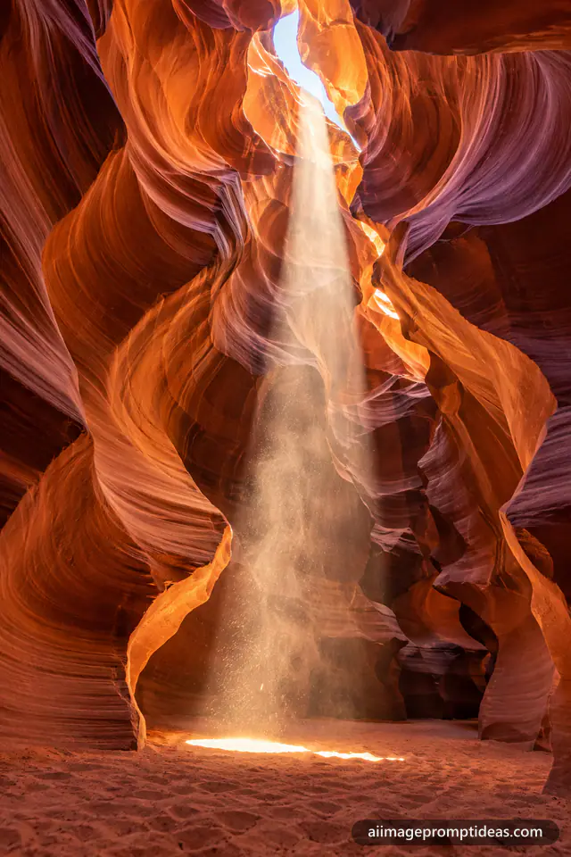 Beam of sunlight falling into the curving orange sandstone walls of Antelope Canyon, AI generated