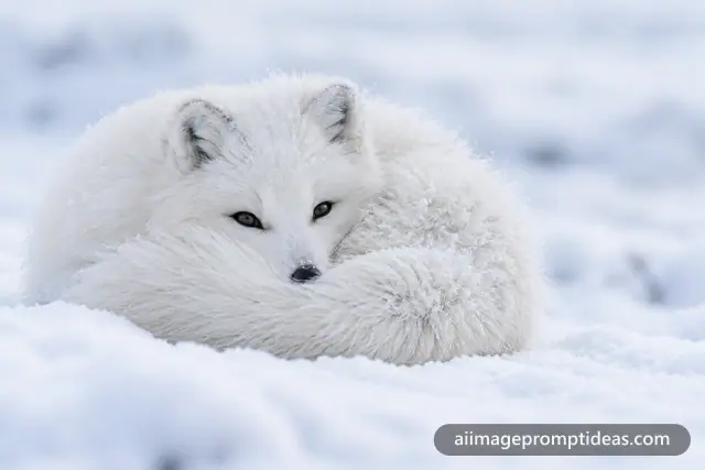 White arctic fox curled in fresh snow with its tail over its face, only eyes showing, AI generated