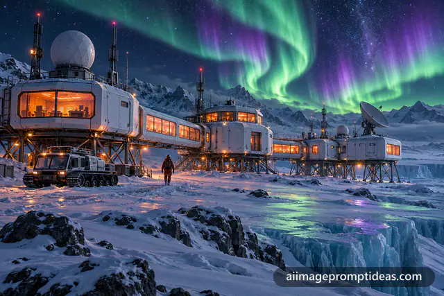 Futuristic arctic research station with glowing windows under green northern lights, AI generated