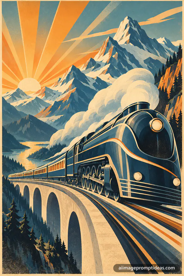 Art Deco travel poster of a streamlined locomotive speeding through stylized mountains at sunrise, AI generated