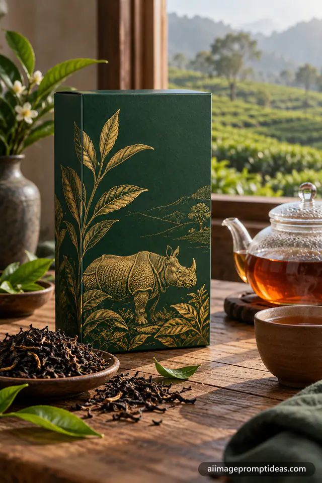 Emerald green tea box with gold botanical art beside loose tea, a glass teapot and a clay cup, AI generated