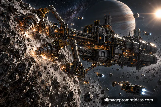 Industrial mining spaceship with drills latched onto a giant asteroid in space, AI generated
