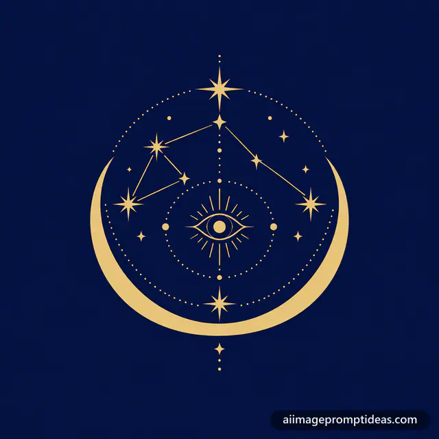 Gold crescent moon and star constellation astrology logo on midnight blue, AI generated