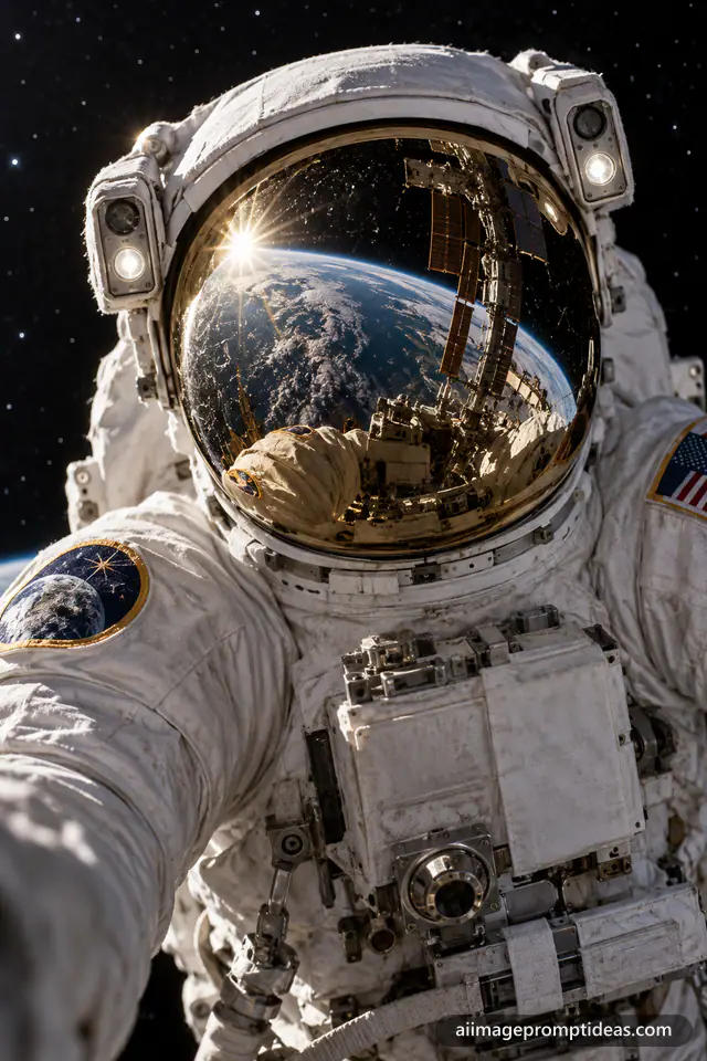 Astronaut in a white spacesuit with Earth and the sun reflected in a gold helmet visor, AI generated