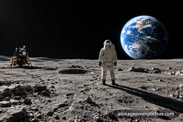 Astronaut on the grey lunar surface watching the blue Earth rise over the horizon, AI generated