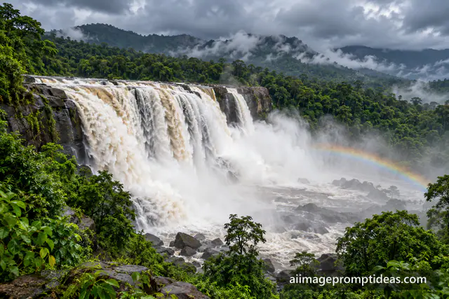 Wide Athirappilly waterfall roaring over a rocky cliff in lush monsoon rainforest, AI generated