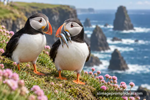 Two Atlantic puffins among pink sea thrift on a grassy sea cliff, AI generated
