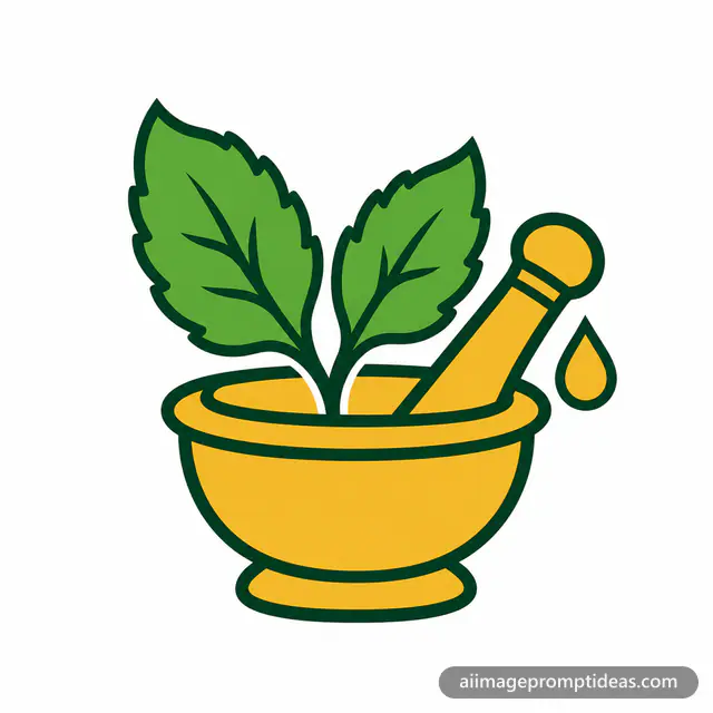 Flat vector logo of a mortar and pestle with tulsi leaves for an Ayurveda clinic, AI generated
