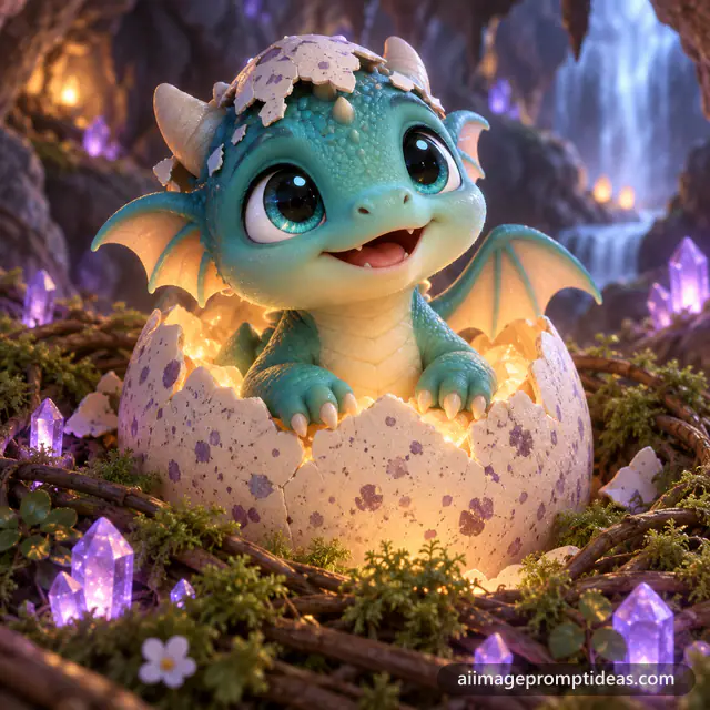 Cute 3D teal baby dragon hatching from a glowing egg in a mossy nest with crystals, AI generated
