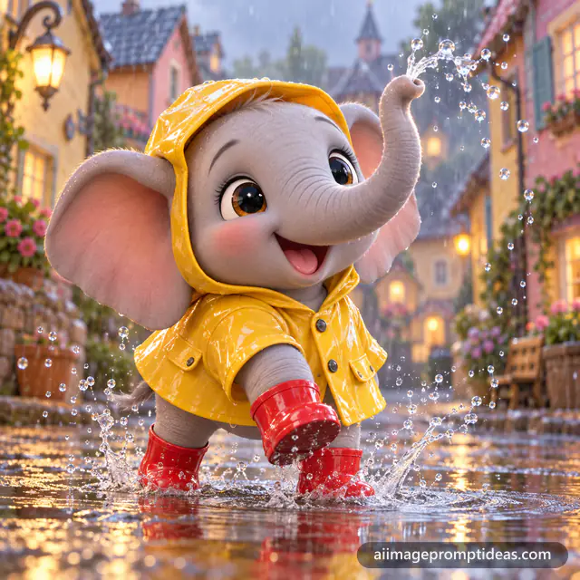 Cute 3D cartoon baby elephant in a yellow raincoat and red boots splashing in a puddle, AI generated