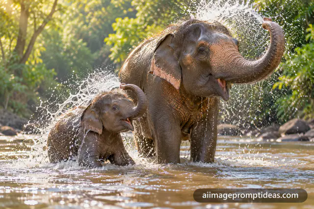 Playful baby elephant splashing water with its trunk beside its mother in a river, AI generated
