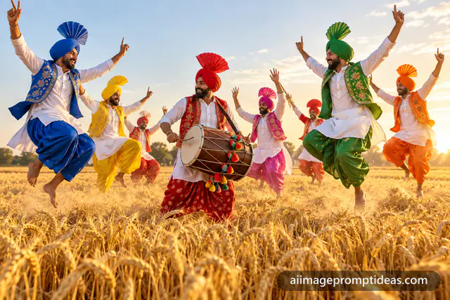 Punjabi men in colorful kurtas and turbans dancing bhangra in a golden wheat field, AI generated