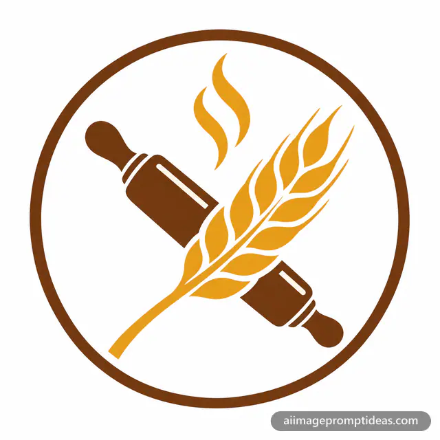 Minimal bakery logo with a wheat stalk crossed with a rolling pin in a circle, AI generated