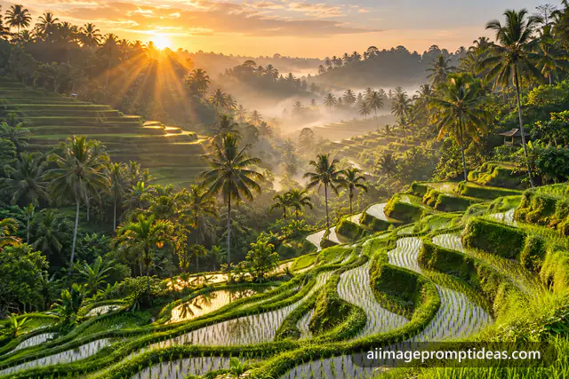 Curving green rice terraces with palm trees and mist in golden sunrise light in Bali, AI generated