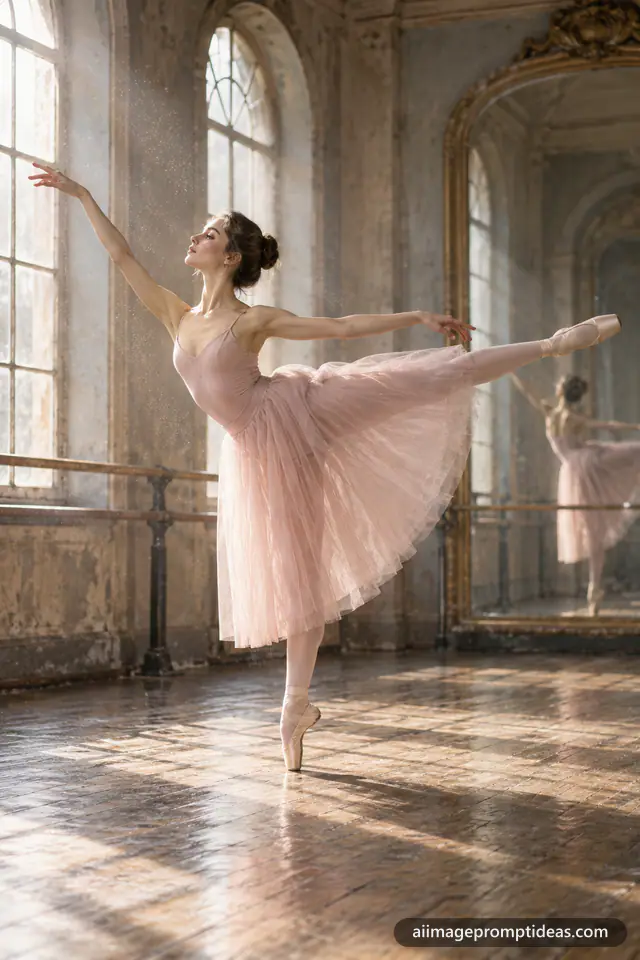 Ballerina in a pink tutu holding an arabesque in a sunlit old dance studio, AI generated