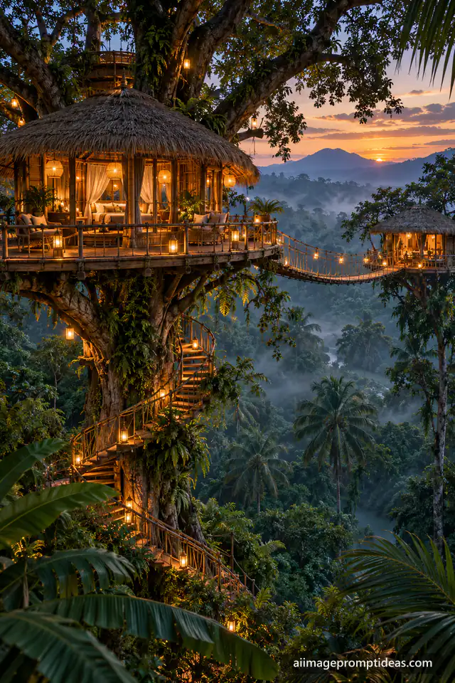 Bamboo treehouse with a thatched roof and glowing lanterns in a misty jungle at dusk, AI generated