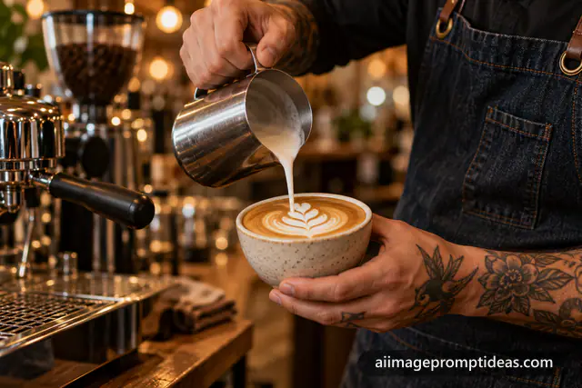 Barista with tattooed forearms pouring tulip latte art from a steel pitcher, AI generated