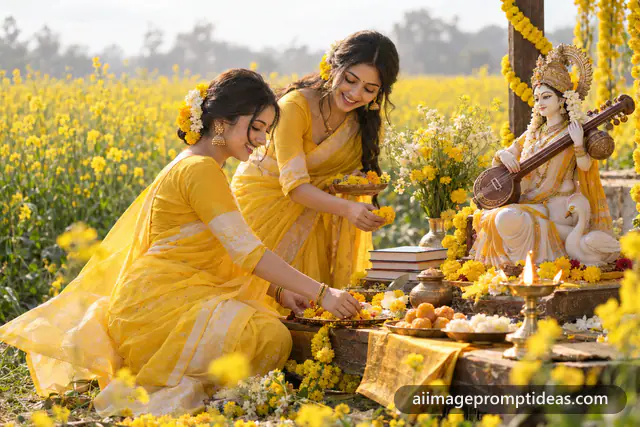Women in yellow sarees at a Saraswati puja altar by a mustard field, AI generated