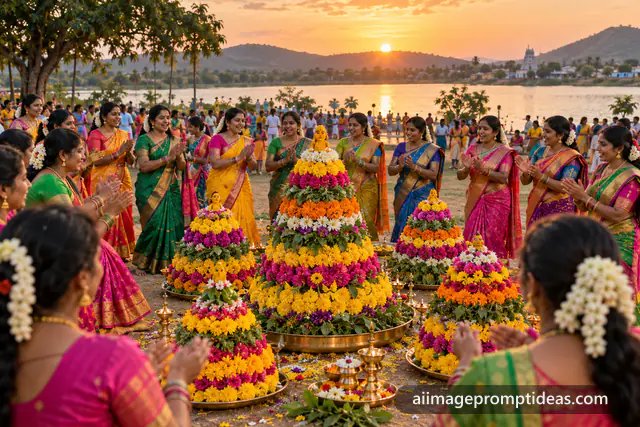 Women in silk sarees circling Bathukamma flower stacks at dusk, AI generated