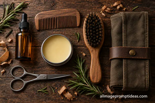 Beard grooming kit with oil, comb, brush and scissors on dark wood, AI generated