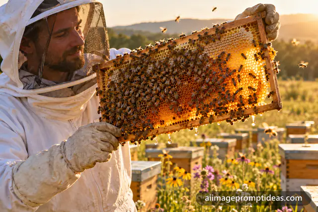 Beekeeper in a veil holding up a golden honeycomb frame covered in bees in a meadow, AI generated