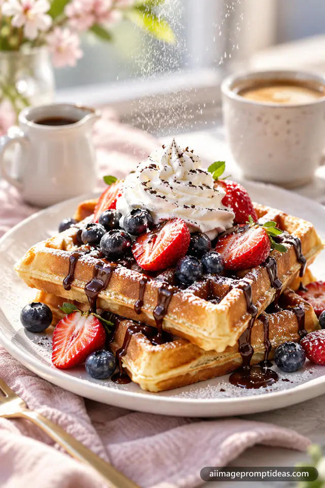 Belgian waffles with whipped cream, strawberries and chocolate drizzle, AI generated