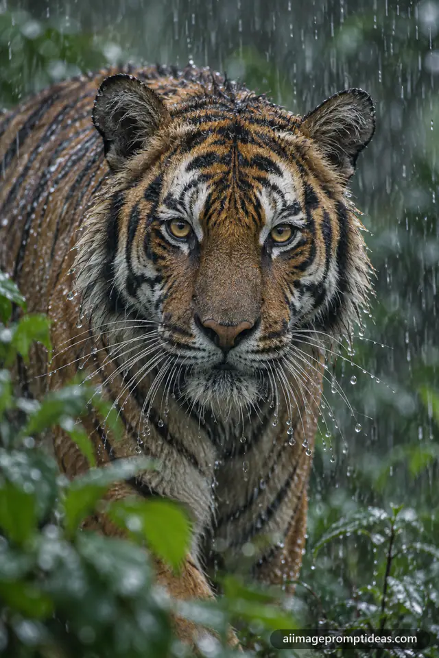 Close-up of a Bengal tiger with water drops on its whiskers in monsoon rain, AI generated