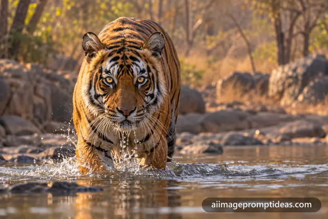 Bengal tiger wading through a shallow forest river toward the camera with water splashing, AI generated