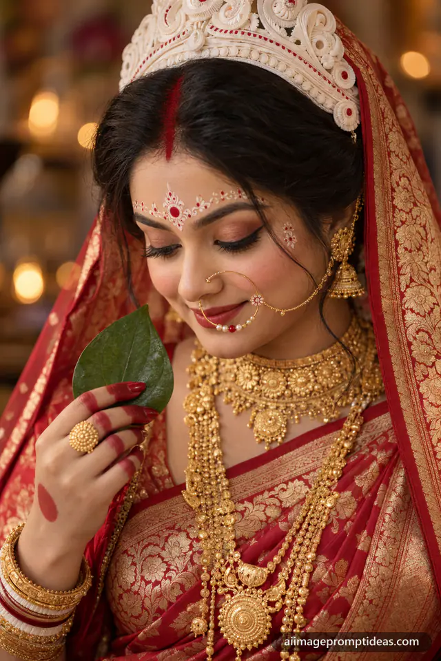 Bengali bride in a red Banarasi saree with sandalwood chandan art, shola mukut and gold jewellery, AI generated