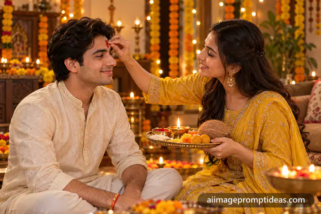 Sister applying a red tilak on her brother's forehead with a puja thali and diya for Bhai Dooj, AI generated